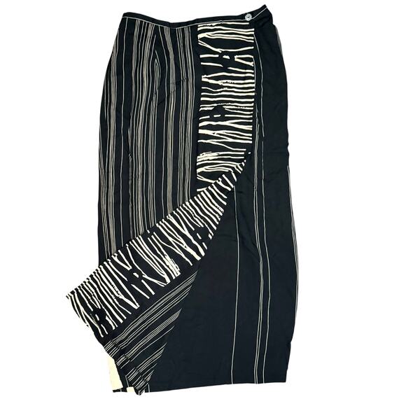 1990s Vintage Wrap Midi Skirt Abstract Stripe Print Womens Sz Small Black Cream - Picture 4 of 9
